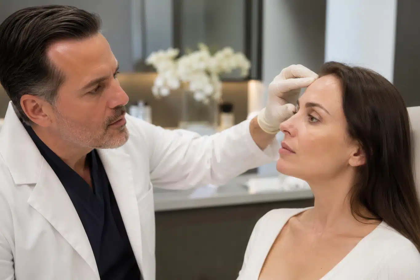facial plastic surgeon consultation Doctor assessing patients face for cosmetic procedure